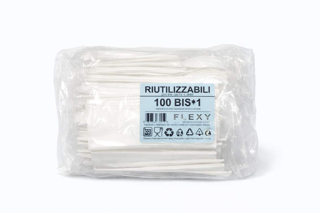 [BIS.PP.FLE.B.100] BIS POSATE FLEXY BIANCHE RIUTILIZZABILI IN PP + TOVAGLIOLO 2 VELI 